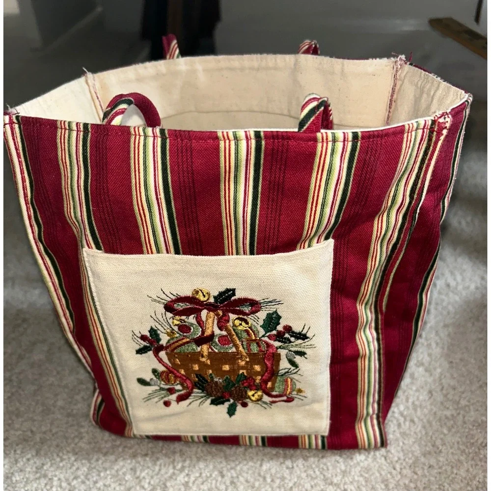 Christmas Holiday Striped Canvas Tote Bag Embroidered Basket Red Green Cream